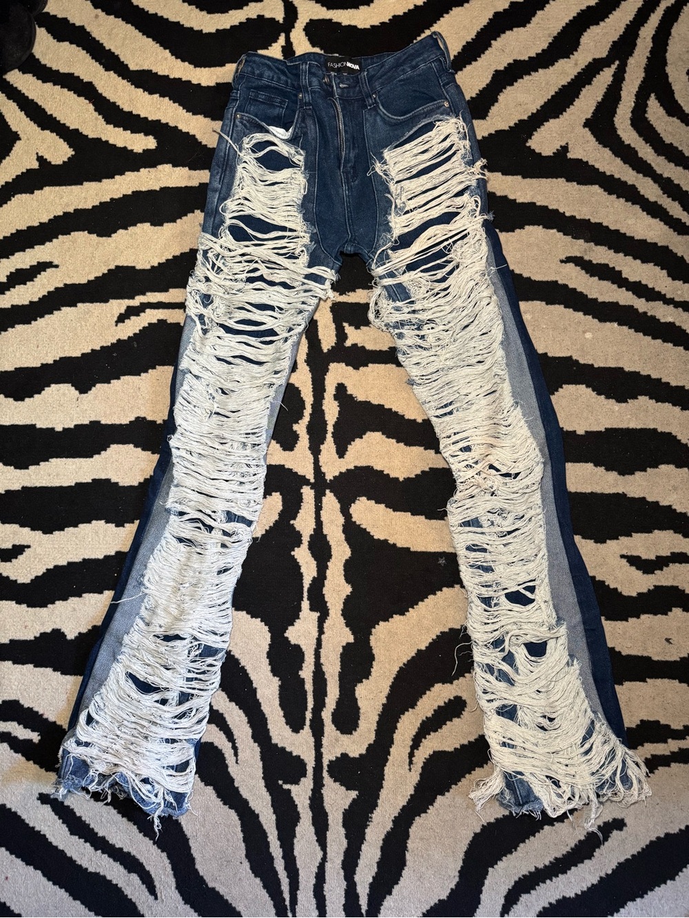 Fashion Nova Distressed Dark Blue Flare Jeans - Picture 4 of 6